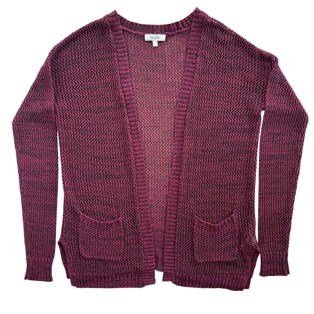 Mudd Women’s S Burgundy Black Crochet Sheer Knit Open Front Pockets Cardigan Y2K